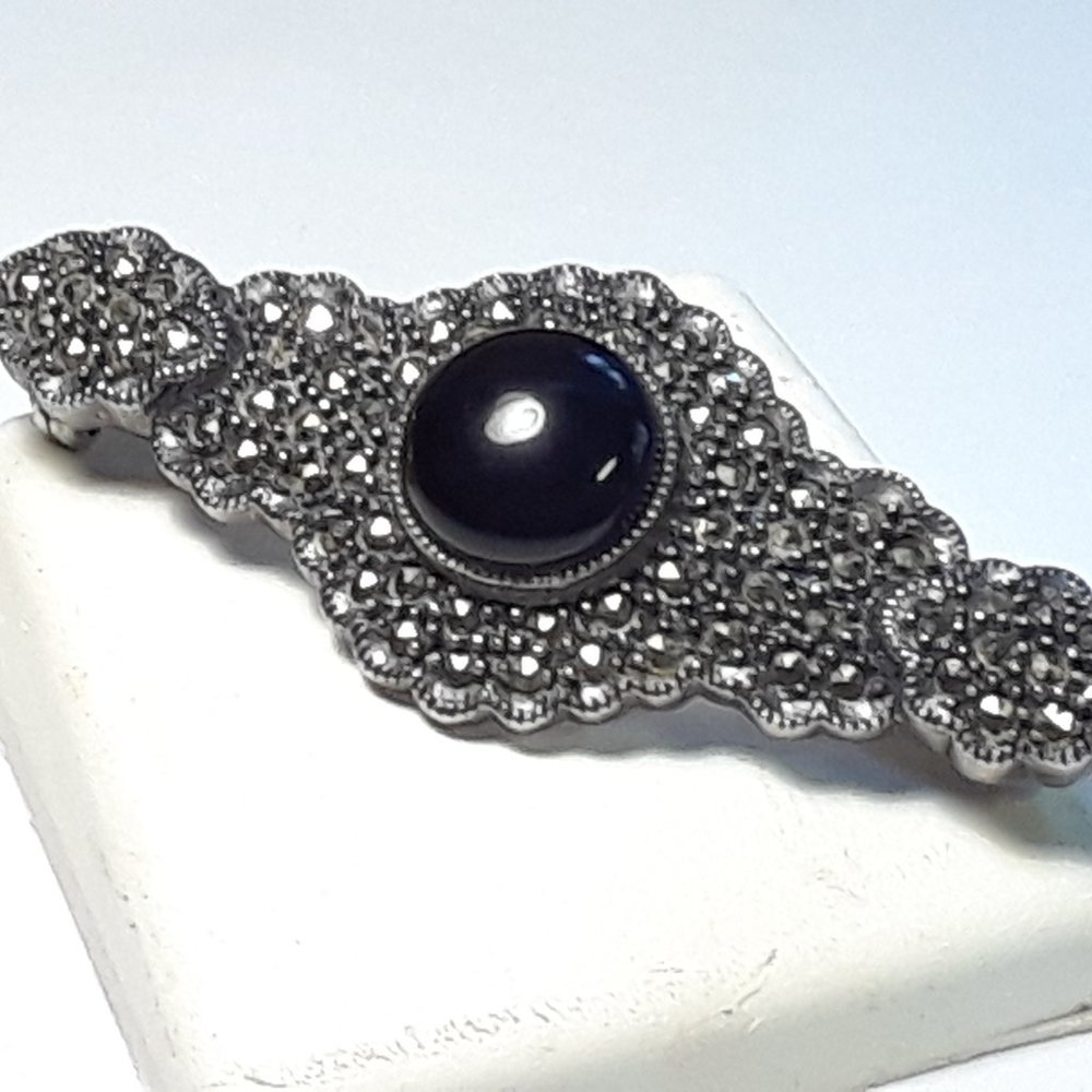Vintage 12mm Black Onyx & Marcasite Victorian SterlingSilver J&J Pin Brooch17421